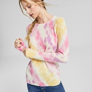 Charter Club Cashmere Sweater Pink Yellow Tie Dye Crew Neck Women’s Size Large